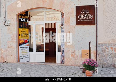 Eintritt zu den Klosterzellen von Frederic Chopin und dem französischen Schriftsteller George Sand, Valldemossa Charterhouse, Valldemossa, Mallorca, Balearen Spanien Stockfoto