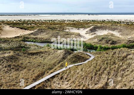 Frau mit gelber Regenjacke, die auf einer Strandpromenade in den Dünen läuft, Amrum Island, Wittduen, 24/05/2021 Stockfoto
