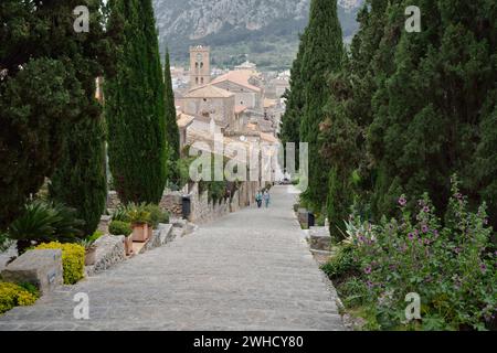 Treppe Carrer del Calvari zum Calvary, Pollenca, Mallorca, Balearen, Spanien Stockfoto