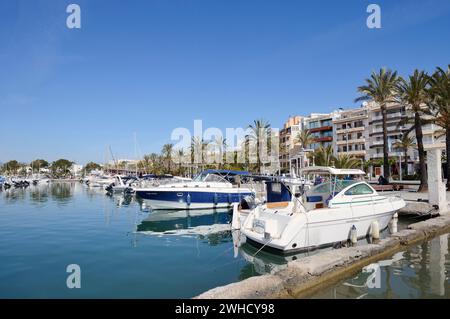 Boote im Hafen, Port d'Alcudia, Mallorca, Balearen, Spanien Stockfoto