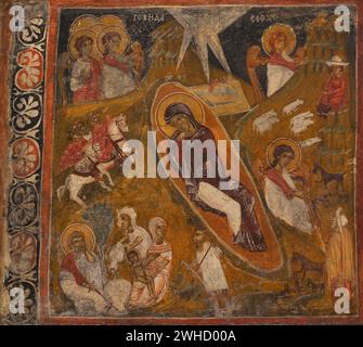 Die Geburt Christi. Wandmalerei. Aus der Kirche St. Petka. Krapets, Region Pernik, Bulgarien. 17. Jahrhundert. Nationales Archäologisches Museum. Sofia. Bulgarien. Stockfoto