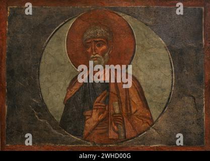 St. Peter. Wandmalerei. Aus der Kirche St. Nikolaus. 14. Jahrhundert. Kalotina, Region Sofia, Bulgarien. Nationales Archäologisches Museum. Sofia. Bulgarien. Stockfoto