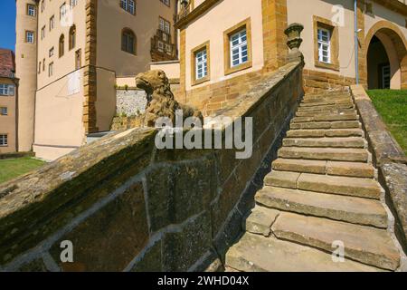 Schloss Kapfenburg, Steinfuge, Löwenskulptur, Treppe, Architektur, historisches Gebäude, Burg des Deutschen Ordens, ehemalige Burg der Stockfoto