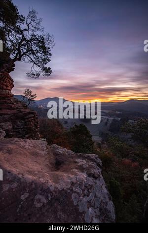 Hügelige Landschaft, aufgenommen auf einem Sandsteinfelsen im Wald. Kalte Morgenatmosphäre bei Sonnenaufgang an einem Aussichtspunkt. Wintermorgen im Pfälzerwald, Deutschland Stockfoto