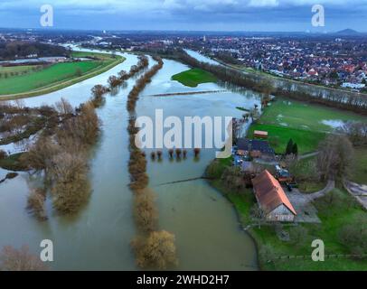 Dorsten, Nordrhein-Westfalen, Deutschland - Hochwasser an der Lippe, Fluss im Ruhrgebiet. Stockfoto