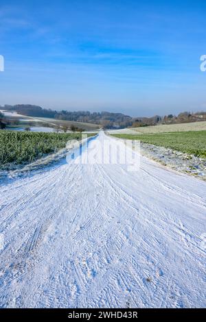 Baden-Württemberg, Kraichgau, schneebedeckte Wege und Landschaft bei Weingarten (Baden), Baden-Württemberg, Deutschland Stockfoto