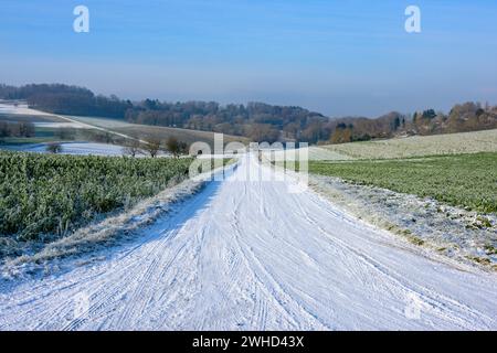 Baden-Württemberg, Kraichgau, schneebedeckte Wege und Landschaft bei Weingarten (Baden), Baden-Württemberg, Deutschland Stockfoto