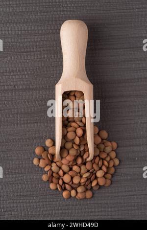 Holzlöffel mit Linsen Stockfoto