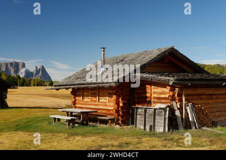 Blick über die Seiser Alm in Richtung Schlern (2563 m) und Santnerspitze (2413 m) im Herbst, Naturpark Schlern-Rosengarten, Gröden, Provinz Bozen, Südtirol, Südtirol, Alpen, Dolomiten, Trentino-Südtirol, Italien, Italia Stockfoto