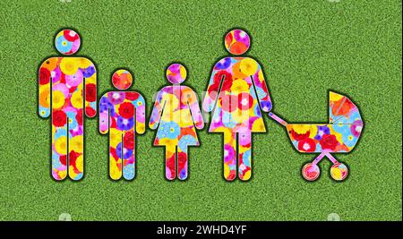 Piktogramm von Familie, Mann und Frau, mit drei Kindern, Tochter und Sohn und Baby im Kinderwagen, gestaltet mit bunten Blumen auf grünem Hintergrund, Grafik Stockfoto