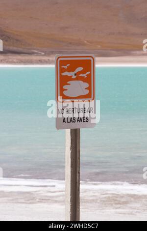 Warnschild mit dem vulkanischen See im Eduardo Avaroa Nationalpark in Bolivien. Stockfoto