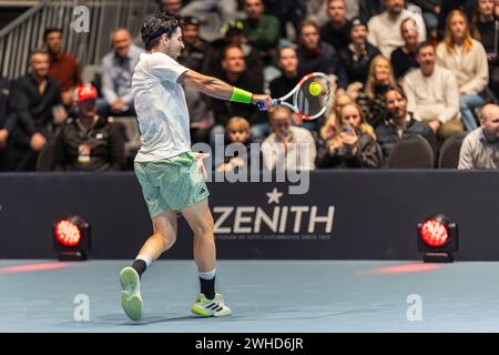 Oslo, Norwegen 09. Februar 2024 Dominic Thiem von Österreich im Kampf gegen Holger Rune von Dänemark während des Round Robin Ultimate Tennis Showdown Turniers in der Telenor Arena in Oslo, Norwegen Stockfoto