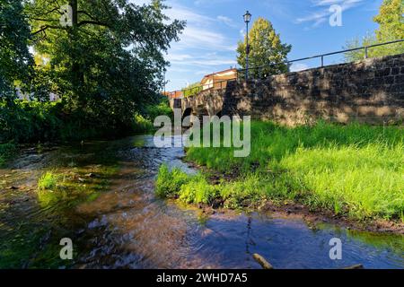 Historische Bogenbrücke über die Thulba in der Gemeinde Thulba, Landkreis Bad Kissingen, Unterfranken, Franken, Bayern, Deutschland Stockfoto