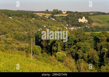 Blick über die Weinberge auf der Mainleite zwischen Schweinfurt und Mainberg, zum Schloss Mainberg, Bezirk Schweinfurt, Unterfranken, Franken, Bayern, Deutschland Stockfoto