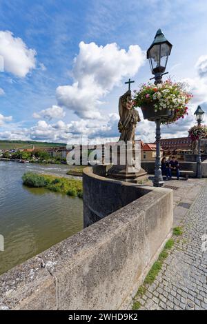 Blick auf die Festung Marienberg in Würzburg von der Alten Mainbrücke, Unterfranken, Franken, Bayern, Deutschland Stockfoto