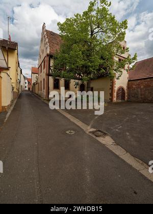 Historische Ortsmitte der Weinbaugemeinde Thüngersheim am Main im Abendlicht, Main-Spessart-Bezirk, Niederfranken, Bayern, Deutschland Stockfoto