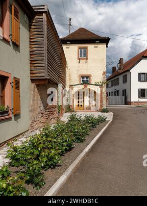 Historische Ortsmitte der Weinbaugemeinde Thüngersheim am Main im Abendlicht, Main-Spessart-Bezirk, Niederfranken, Bayern, Deutschland Stockfoto