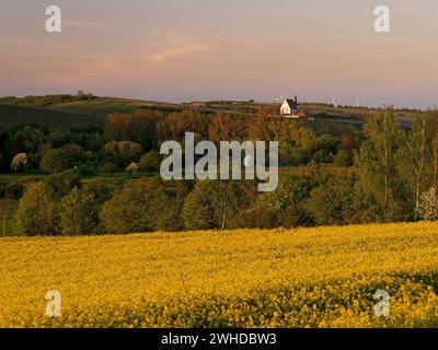 Abend über der Mainaue zwischen Fahr am Main und Volkach und der Kirche Maria im Weingarten, Landkreis Kitzingen, Niederfranken, Bayern, Deutschland Stockfoto