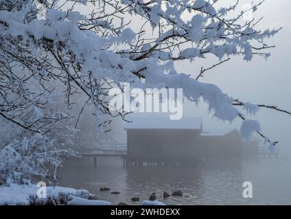 Nebelige Winterlandschaft in Kochel am See, Kochelsee, Bayern, Deutschland Stockfoto