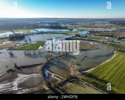 Haltern am See, Nordrhein-Westfalen, Deutschland, Überschwemmung an der Lippe, Fluss im Ruhrgebiet, die Felder, das Ackerland der Bauern daneben Stockfoto