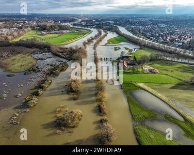 Dorsten, Nordrhein-Westfalen, Deutschland, Überschwemmung auf der Lippe, Fluss im Ruhrgebiet, die Felder, das landwirtschaftliche Land der Bauern neben dem Wasser Stockfoto