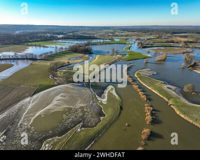 Haltern am See, Nordrhein-Westfalen, Deutschland, Überschwemmung an der Lippe, Fluss im Ruhrgebiet, die Felder, das Ackerland der Bauern daneben Stockfoto