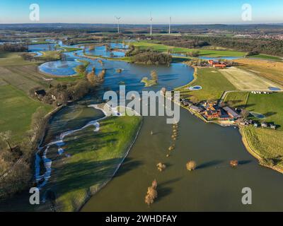 Haltern am See, Nordrhein-Westfalen, Deutschland, Überschwemmung an der Lippe, Fluss im Ruhrgebiet, die Felder, das Ackerland der Bauern daneben Stockfoto