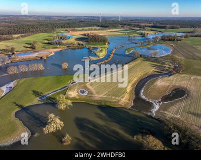 Haltern am See, Nordrhein-Westfalen, Deutschland, Überschwemmung an der Lippe, Fluss im Ruhrgebiet, die Felder, das Ackerland der Bauern daneben Stockfoto