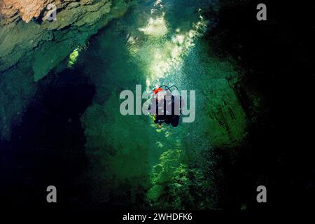 Taucher schwimmt durch den Canyon eines Cenote in Mexiko Stockfoto