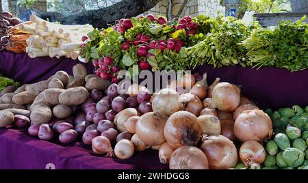 Carmel, Kalifornien, USA - 8. Februar 2024 Gemüsestand auf dem wöchentlichen Carmel Farmers Market. Stockfoto