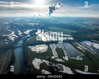 Selm-Waltrop, Nordrhein-Westfalen, Deutschland, nach dem Hochwasser auf der Lippe, Fluss im Ruhrgebiet, die Felder, die landwirtschaftlichen Flächen der Bauern Stockfoto