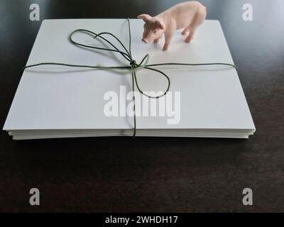 Ein Geschenk ist mit weißem Geschenkpapier, grünem Band und Klebeband mit einem kleinen rosafarbenen Spielzeugschwein dekoriert Stockfoto