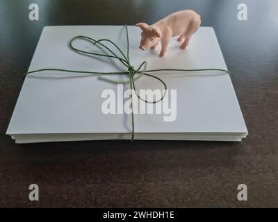 Ein Geschenk ist mit weißem Geschenkpapier, grünem Band und Klebeband mit einem kleinen rosafarbenen Spielzeugschwein dekoriert Stockfoto