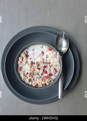 Müsli mit Milch in einer Schüssel auf zwei grauen Tellern mit einem Löffel zum Frühstück, Obst-Müsli mit Körnern und Obst Stockfoto