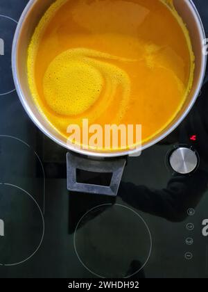 Hausgemachte frische Kürbissuppe in einem Topf auf dem Kochfeld Stockfoto