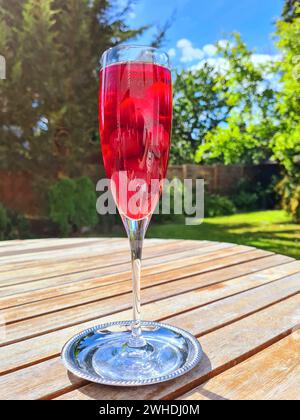 Sektglas mit Kirschen und Sekt als alkoholische Erfrischung im Garten am Ende des Tages Stockfoto