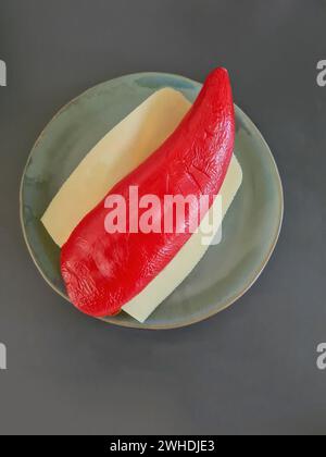 Eine rote Scheibe Paprika liegt auf einer Scheibe Käse auf einem Teller Stockfoto