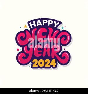 Bunte Vektor-Typografie-Illustration des glücklichen neuen Jahres. Neujahrsfeier Aufkleber, Grußkarte, Poster, Banner, Vorlagendesign. Frohes neues Jahr Stock Vektor