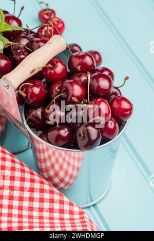 Kirschen in zwei kleinen Metalleimern Stockfoto