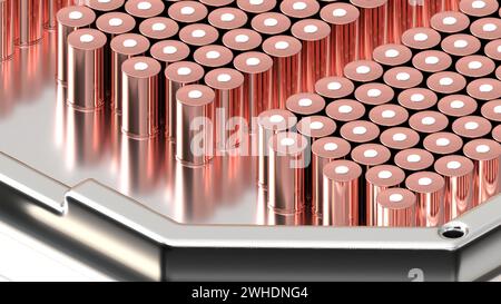 Großaufnahme zylindrischer 4680 Hochleistungs-Batteriepack für Elektrofahrzeuge auf Metallplattform, Batteriemodule, Massenakkumulatoren mit hoher Leistung Stockfoto