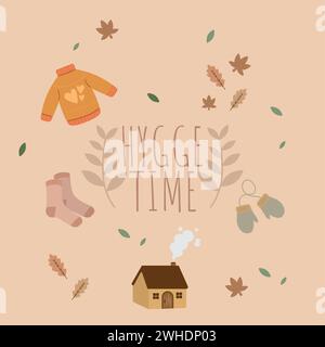 Hygge Time Concept Tempalte mit saisonaler Kleidung und Gebäudesykone Vector Stock Vektor
