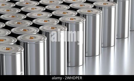 Zylindrische Lithium-Traktionsbatterie im Format Gruppe 4680 für Batteriemodule, Massenakkumulatoren für Hochleistungs- und Energieerzeugung für Elektrofahrzeuge, Stockfoto