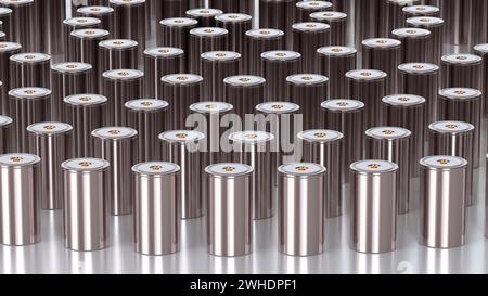 Packung mit zylindrischer Lithium-Traktionsbatterie im Format 4680 für Batteriemodule, Massenakkumulatoren für Hochleistungs- und Energieanwendungen für Elektrofahrzeuge, u Stockfoto