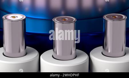 Nahaufnahme zylindrische Li-Ion-Traktionsbatterien im Format 4680 für Module, Massenakkumulatoren für hohe Leistung und Energie für Elektrofahrzeuge, Masse Stockfoto