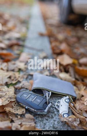 Autoschlüssel verloren am Straßenrand, Herbstlaub, Auto, symbolisches Bild, Stockfoto