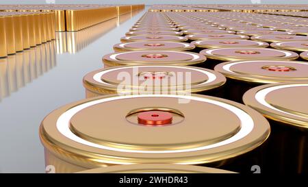 Großpackung Tesla 4680-Format zylindrische Lithium-Traktions-Gold-Batterie für Module, Hochenergie-Akkumulatoren, Trockenelektrode, Leistung, Energie für Elektro Stockfoto