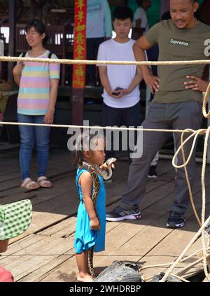 SIEM Reap, Camboda, 6. Juli 2019-Ein kleines Mädchen, ihre Familie und ihre Hauspython suchen nach Geld, wenn sie Touristen auf dem Tonle SAP See besuchen Stockfoto