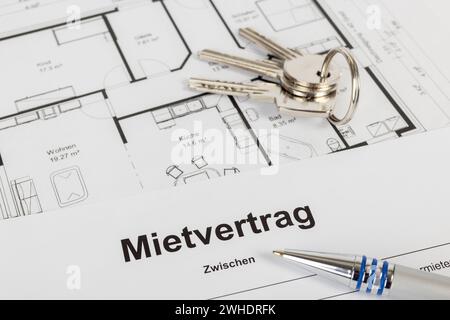 Mietvertrag, Vertrag, ein paar Schlüssel, Grundriss, Kugelschreiber, Stockfoto