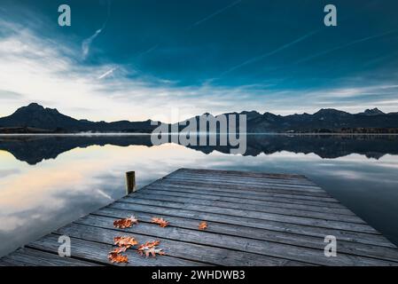 Frostbedeckte Holzsteg im Herbst am Hopfensee mit Blick auf die ruhige, reflektierende Seenoberfläche und die Allgäuer Alpen im Hintergrund. Herbstfarbene, gefrorene Eichenblätter auf der Fußgängerbrücke. Hopfen am See, Hopfensee, Füssen, Ostallgäu, Allgäu, Schwaben, Bayern, Süddeutschland, Deutschland Stockfoto