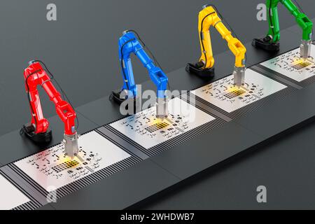 Laserschneiden von Metalldetails durch Roboterarme, Förderer. 3D-Rendering Stockfoto